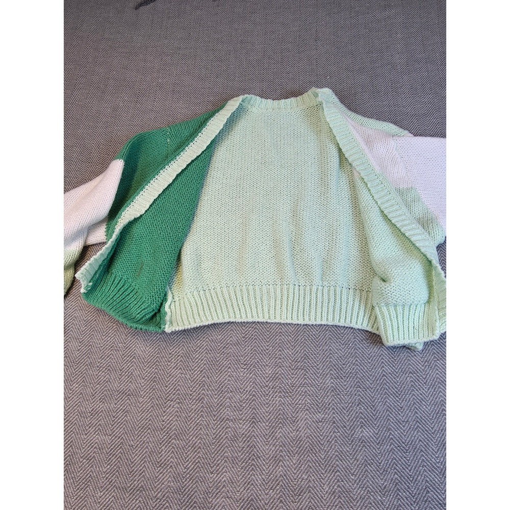 SHEIN Womens Green Colorblock Chunky Knit Cardigan Balloon Sleeve Sweater Size M - Picture 8 of 10